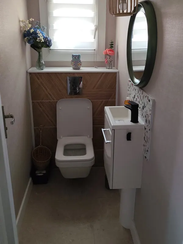 WC suspendu avec habillage bois et lave-mains, installé dans une maison à Saint-Apollinaire